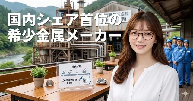 【QUOカード】国内シェア首位の希少金属メーカーが株式分割！100株優待の新設で投資チャンス拡大